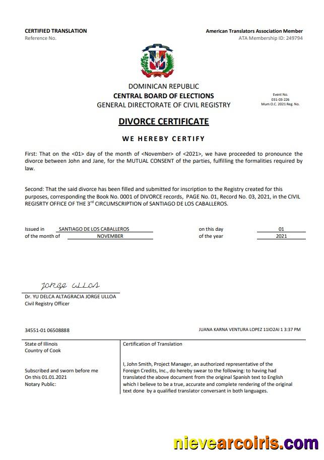 Dominican Republic divorce certificate